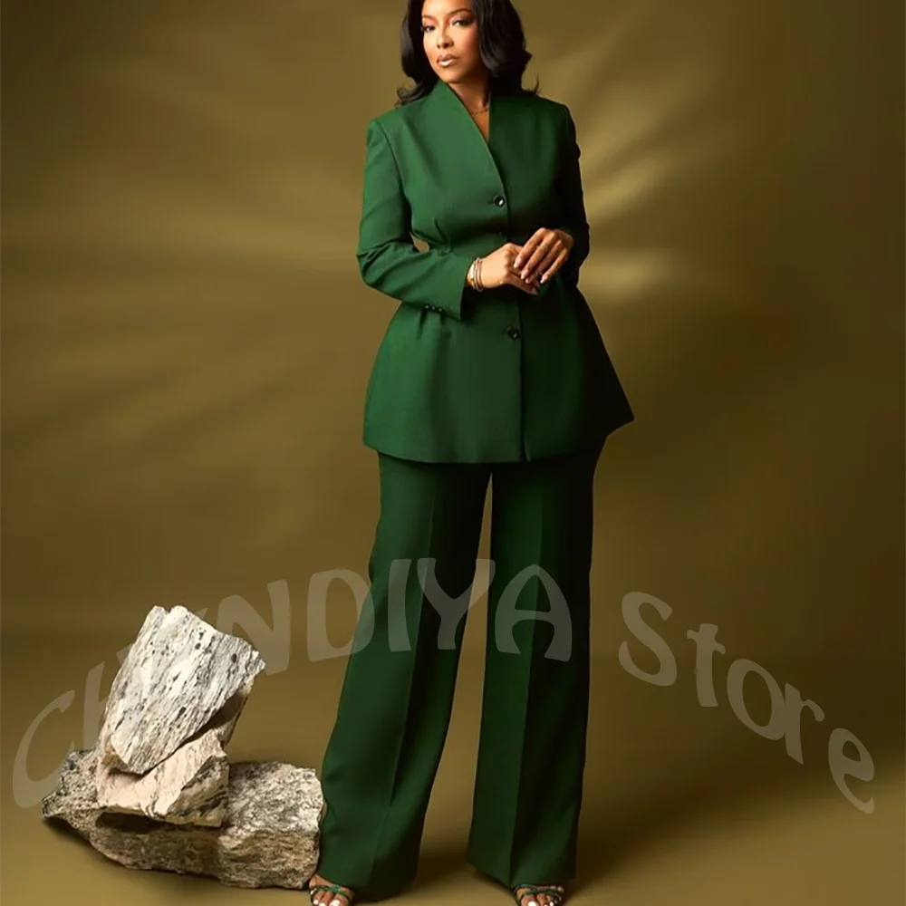 Solid Green Women's Tailored Suit V Neck Single Breasted Cinched Waist Blazer Straght Fit Pants Set Elegant Formal Outfit Daily