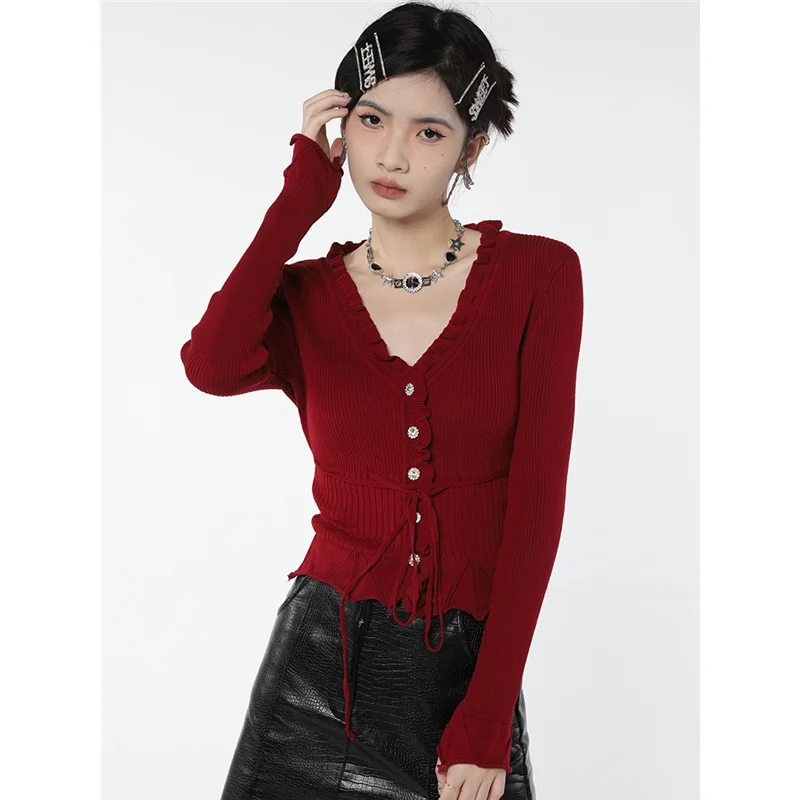 2023 Women\'s Clothes Red  V-neck Sweater French Vintage Spring Design Mature Female Knitting Slim Fit Long Sleeves Tops Cardigan