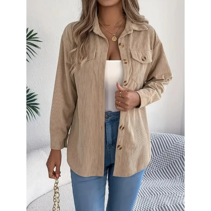 

Женские вельветовые пальто больших размеров, однотонная короткая куртка с длинным рукавом и отложным воротником, карманами, однобортные тонкие повседневные пальто ﻿