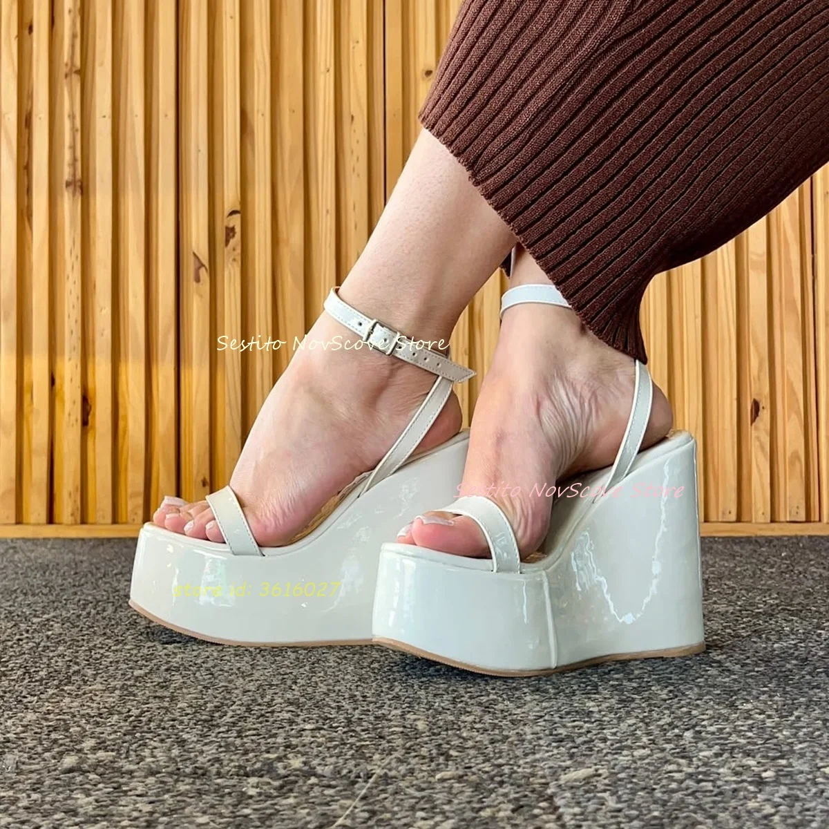 

White Open Toe Platform Wedges Sandals Ankle Straps Buckle Slender Upper Shallow Rubber Sole Classic Summer Women Party Shoes