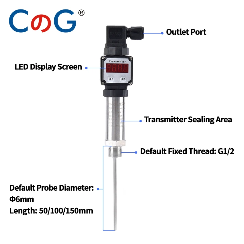 CG G1/2 Digital Display Integrated Temperature Transmitter 4-20mA/0-10V Plug in Thermal Resistance PT100 Temperature Sensor