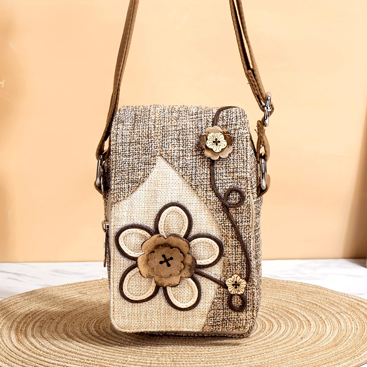 

2026new(Random Trimming) Literary Original Petal-Shaped Phone Pouch with Multi-Compartments, Coconut Button Body Bag, Adjustable Straps