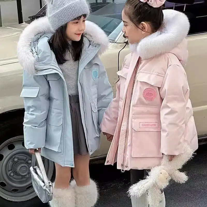

2026 Winter Kids Down Jackets -15℃ Teen Girls Sweet Solid Color Fur Hooded Thicken Cotton Warm Coats Children Outdoor Snowsuit