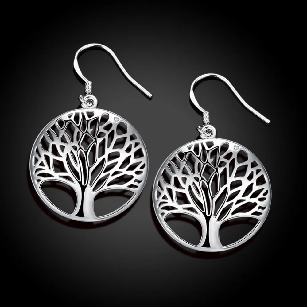 Wholesale Price 4 Pair Set 925 Sterling Silver Fashion Tree Charms Hoop Earrings , Women Lady Girl Wedding Party Jewelry Cute