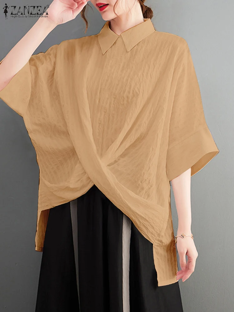 ZANZEA Women 3/4 Sleeve Shirt Fashion Cross Asymmetrical Tops Summer Holiday Turn Down Collar Tunics Casual Loose Solid Blouses