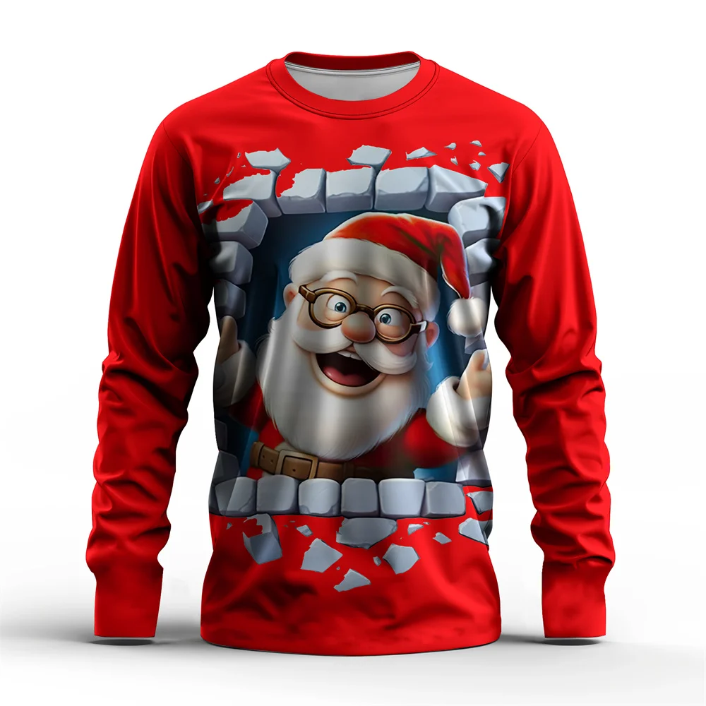 

Christmas Long Sleeved T-Shirt Unisex Top Casual Red Pattern Men's Clothing Santa Claus Printed T-Shirt Autumn Clothing 5xl