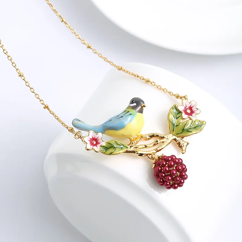 Trend Bohemia Handmade Enamel Cute Blue Parrot Green Leaf Mini Pink Flower Purple Red Pearl Ball Dangle Pendant Necklace Women