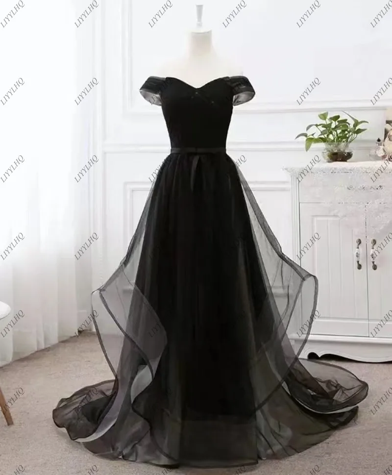 LIYYLHQ Modern Black Evening Dresses for Women Off the Shoulder Formal Occasion Dresses Tulle Prom Dresses Vestidos De Noche