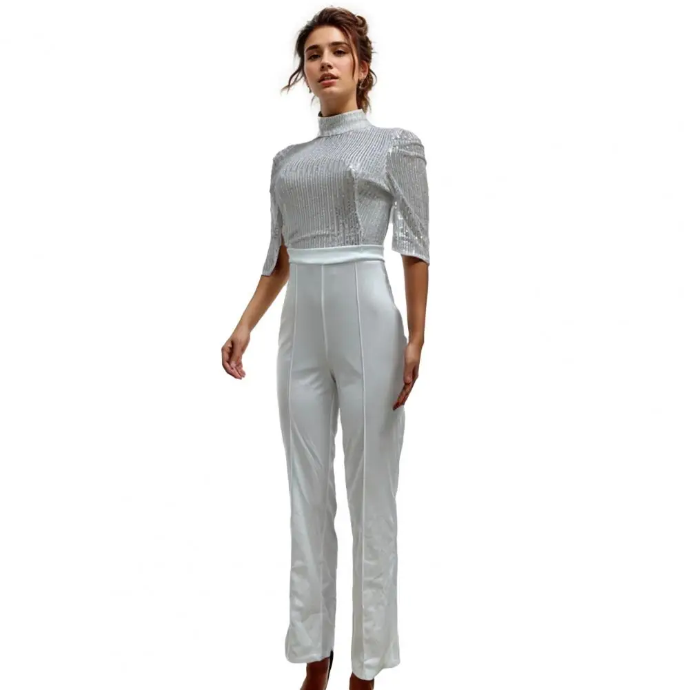 

Regular Fit Women Jumpsuit Elegant Sequin Splicing Jumpsuit for Women Slim Waist Summer Romper Overall with Wide Leg Pants