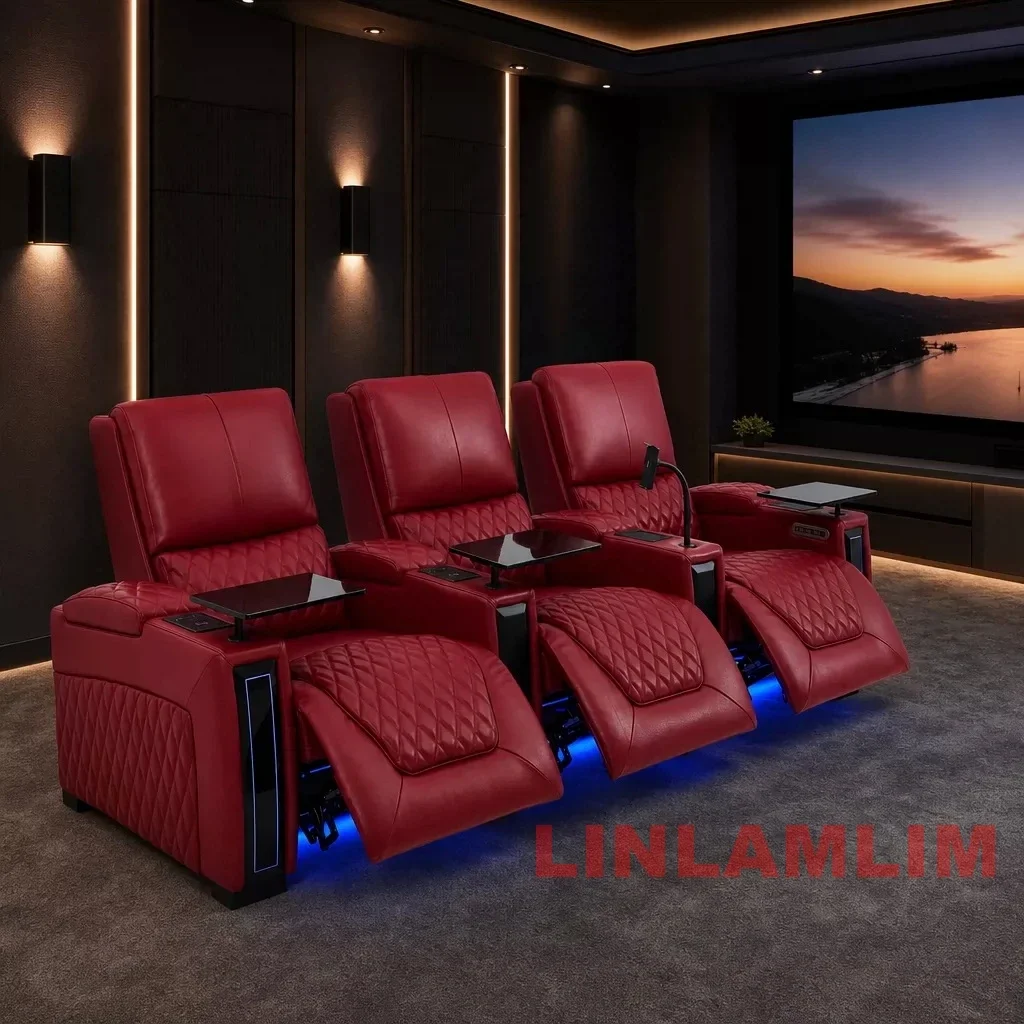Home Theater Seating with Dual Motors Electric Recliners, LED  Lighting, Luxury Italian Genuine Leather Power Reclining Sofa Set