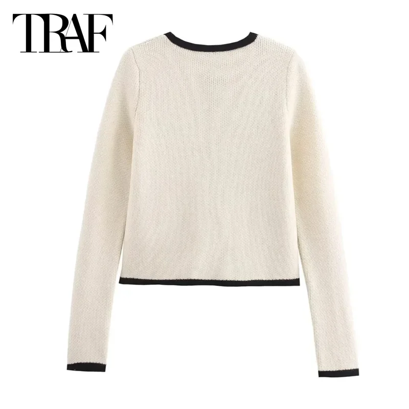 TRAF Butterfly Lace-Up Knitted Top Women\'s Cropped Sweater Top 2024 Autumn Ladies Fashion Elegant Long Sleeve Short Knitwear