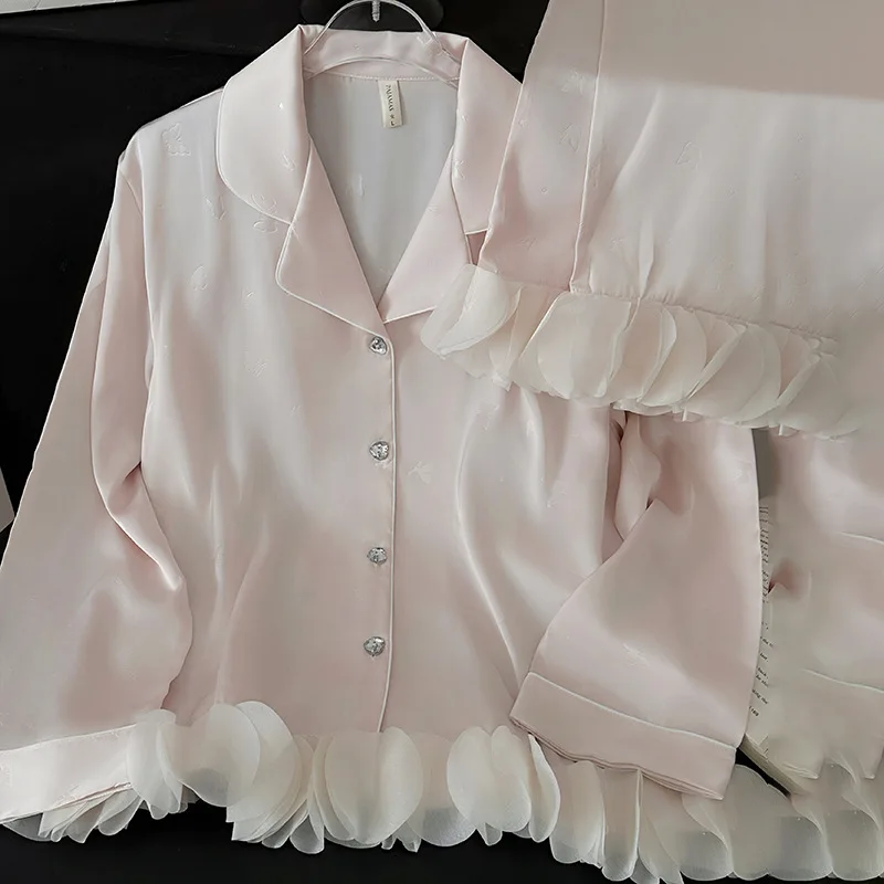 Ruffles Applique Pajamas Women Sleepwear Spring Summer Ice Silk Satin Loungewear Long Sleeve Shirt Pants Home Wear