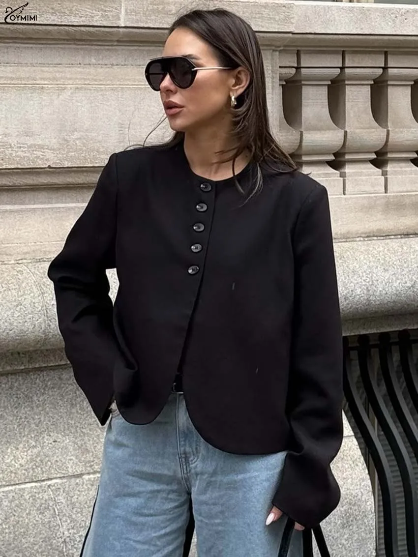 Oymimi mode noir col rond femmes Blouse automne décontracté à manches longues simple boutonnage chemises élégant solide mince Blouse Streetwear