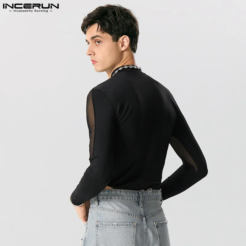 2023 Men Bodysuits Mesh Patchwork Transparent Turtleneck Long Sleeve Rompers Male T Shirt Streetwear Fashion Bodysuit INCERUN