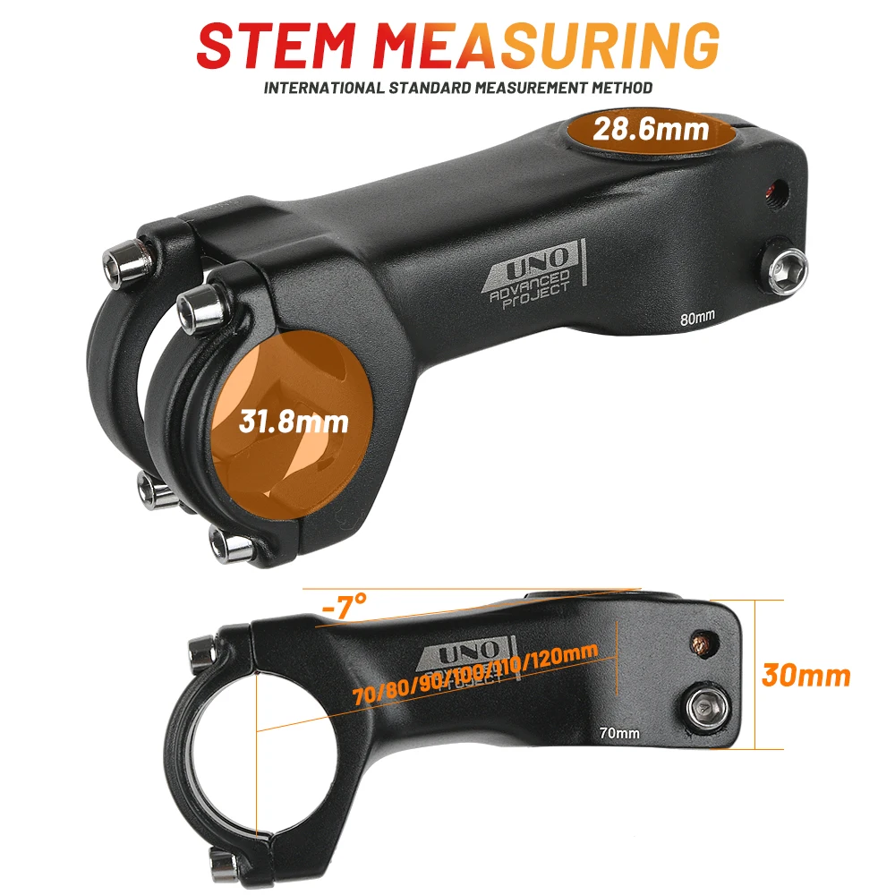 UNO Bicycle Stem -7 Degree Ultra light 6061 Aluminium Alloy 70-120mm Road Mountain Gravel Integrated Bike Stem 31.8 Bike Parts