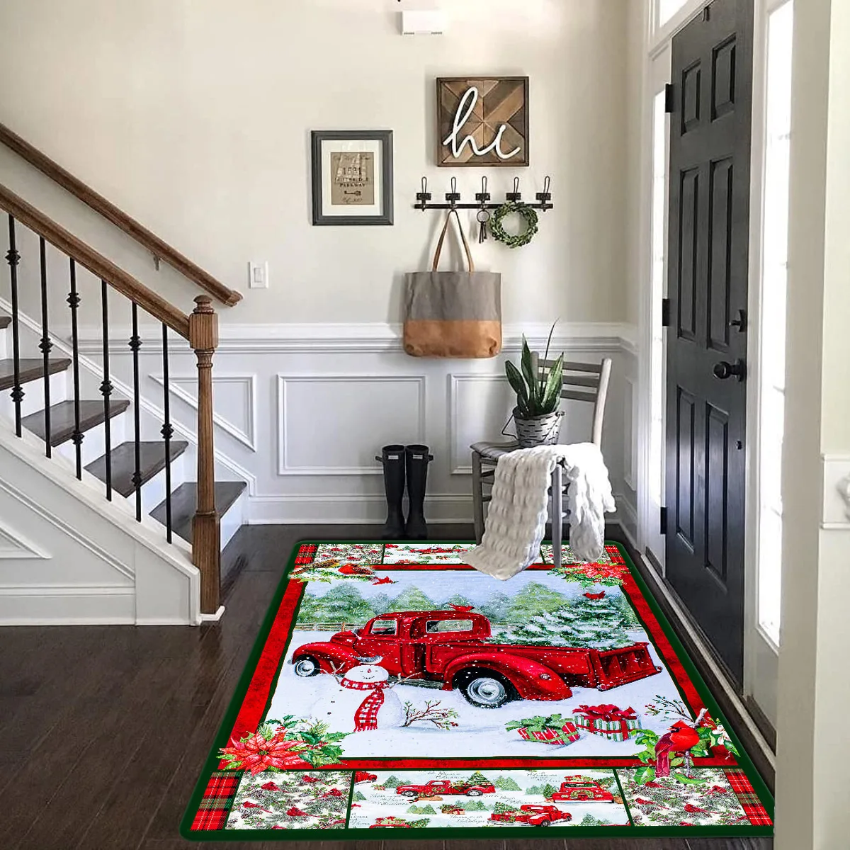 

Christmas Red Truck Snowman Print Pattern Floor Rug Rectangle Home Carpet for Living Room Soft Fluffy Bathroom Rug Nonslip Mat