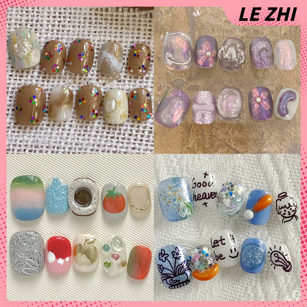 

10Pcs Short Handmade Flower Pearl Wearable Press On Nails Glitter Cat Eyes Sequins Hand-Drawn Design Square Round Fake Nails