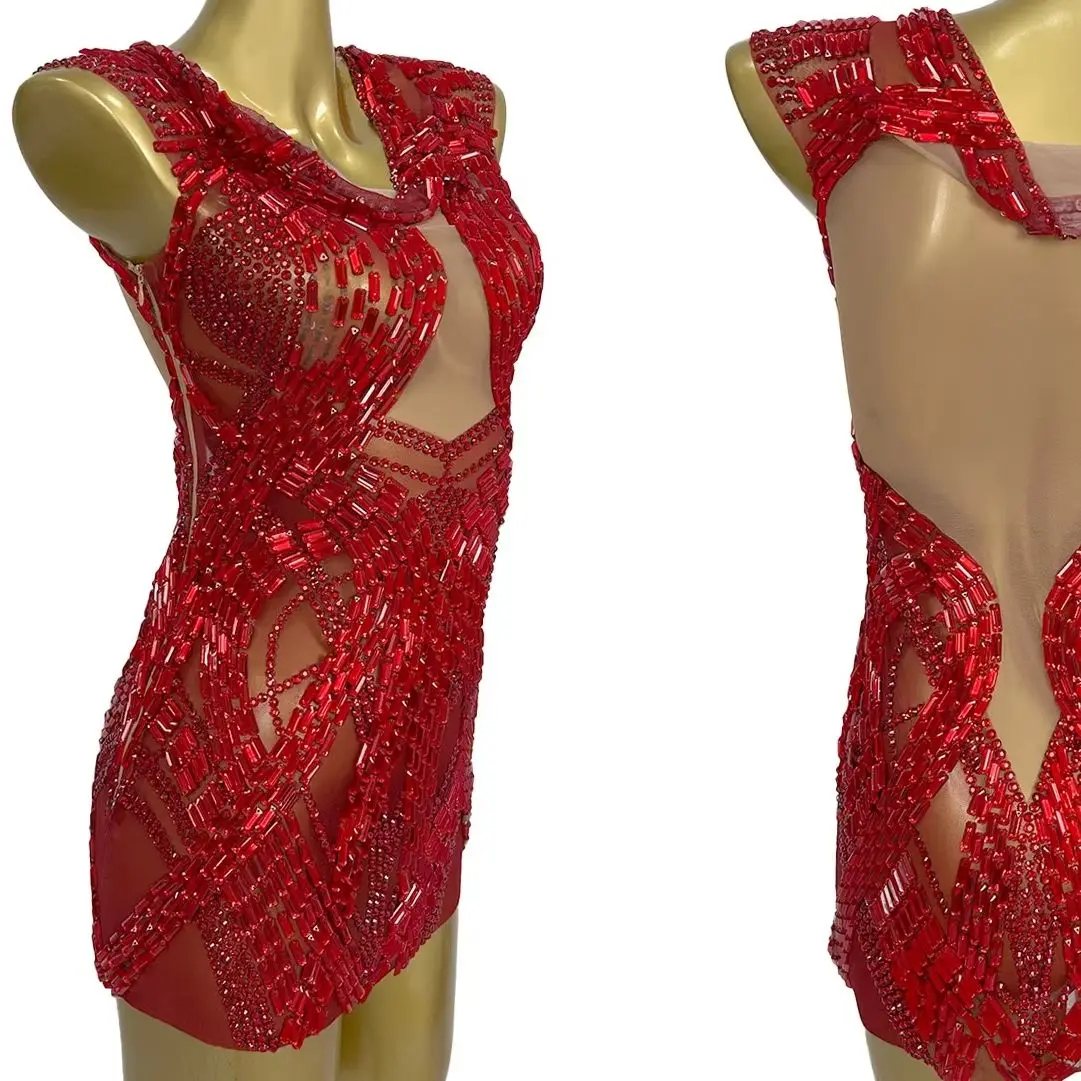 

Sparkly Red Rhinestones Short Dress Women Sexy Off Shoulder Celebrate Birthday Party Gowns Nightclub Clothes Stage Wear Malu