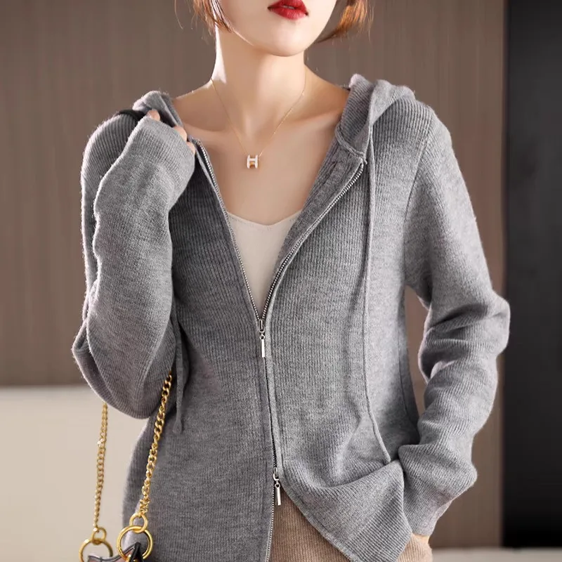 

2025 Korean Style Knitted Cardigan Women's Hooded Mixed Fiber Sweater Double Zipper Coat Hat Design Autumn Winter New Arrival