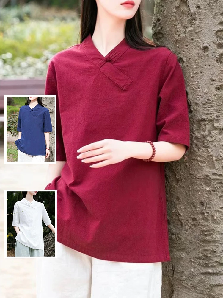 

Женская хлопково-льняная футболка большого размера с вышивкой ort Sve Cross V-Ne на пуговицах в стиле ретро, повседневный летний топ