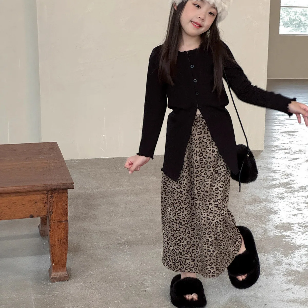 Girls' Autumn and Winter New Style Leopard Print Skirt Velvet Vertical Straight Tube Long Skirt