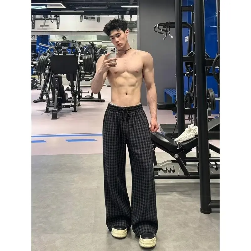 Men's Breathable Plaid Casual Pants Summer Thin Drapey Trendy Straight Leg Pants Comfortable Leisure Fashion Pajama Trousers Pan