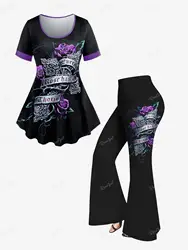 Koszulka z krótkim rękawem i spodnie rozszerzane Plus Size Outfit Plus Size conjuntos para mujeres 2 piezas XS-6X Floral Letter Printed