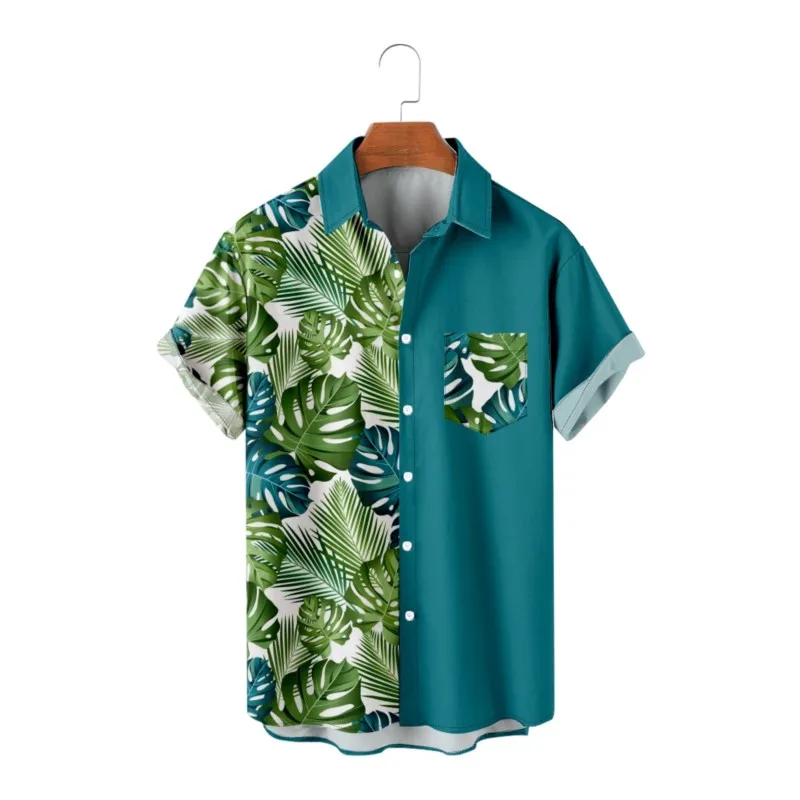 

Men's Broad-leaved Plants Printed Hawaiian Chest Pocket Shirt Casual Short Sleeve Smart Business Shirt For Men