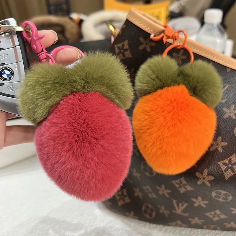 New Real Rabbit Fur Pompom carrot Doll Keychain Pendant Handmade Bag Pendant Car Toy Adorable Plush Bag Accessories