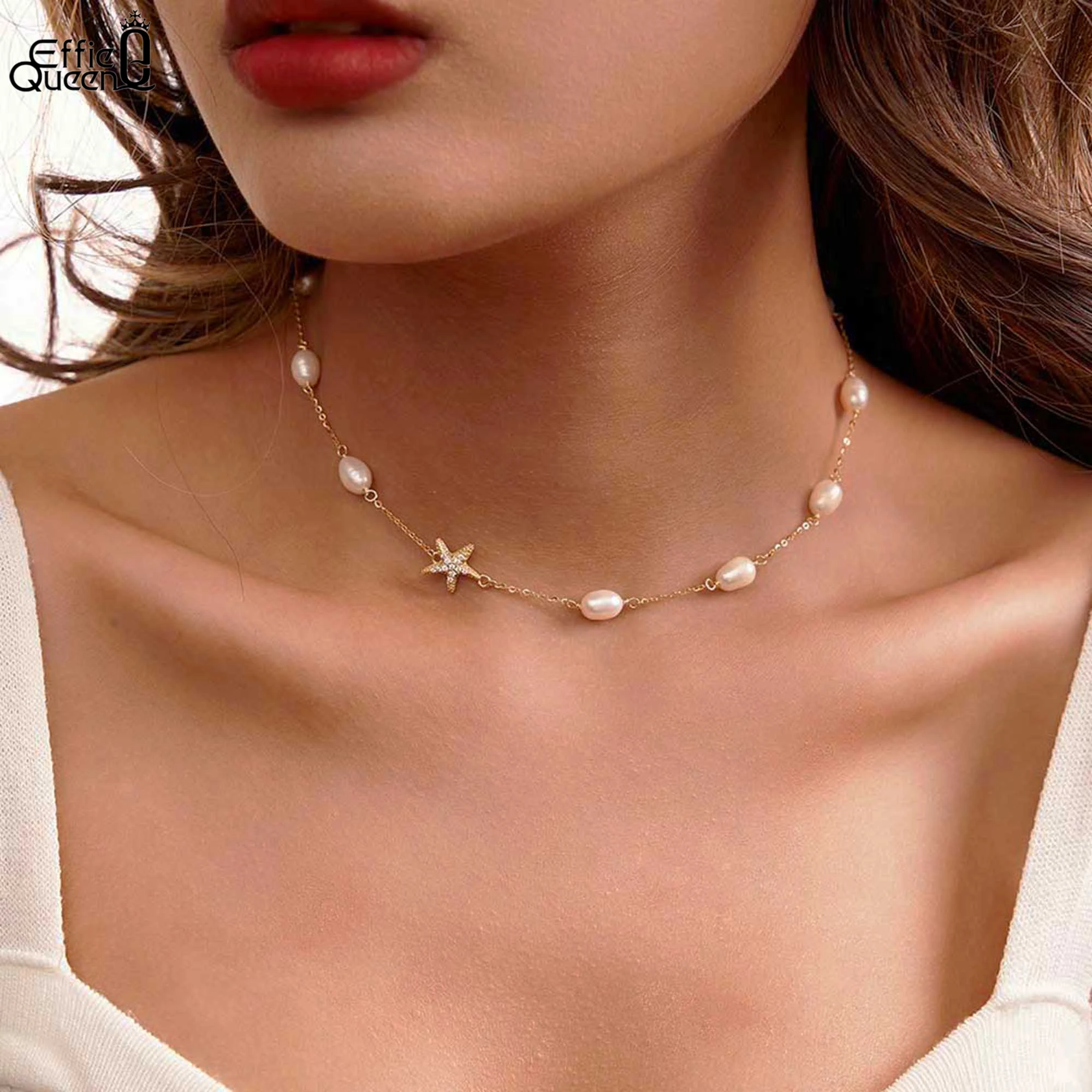 EFFIE QUEEN Natural Pearl Choker Naszyjnik Moda 925 Sterling Silver Starfish 5A CZ Naszyjnik Biżuteria imprezowa Prezent dla kobiet BQN06 — zdjęcie 5