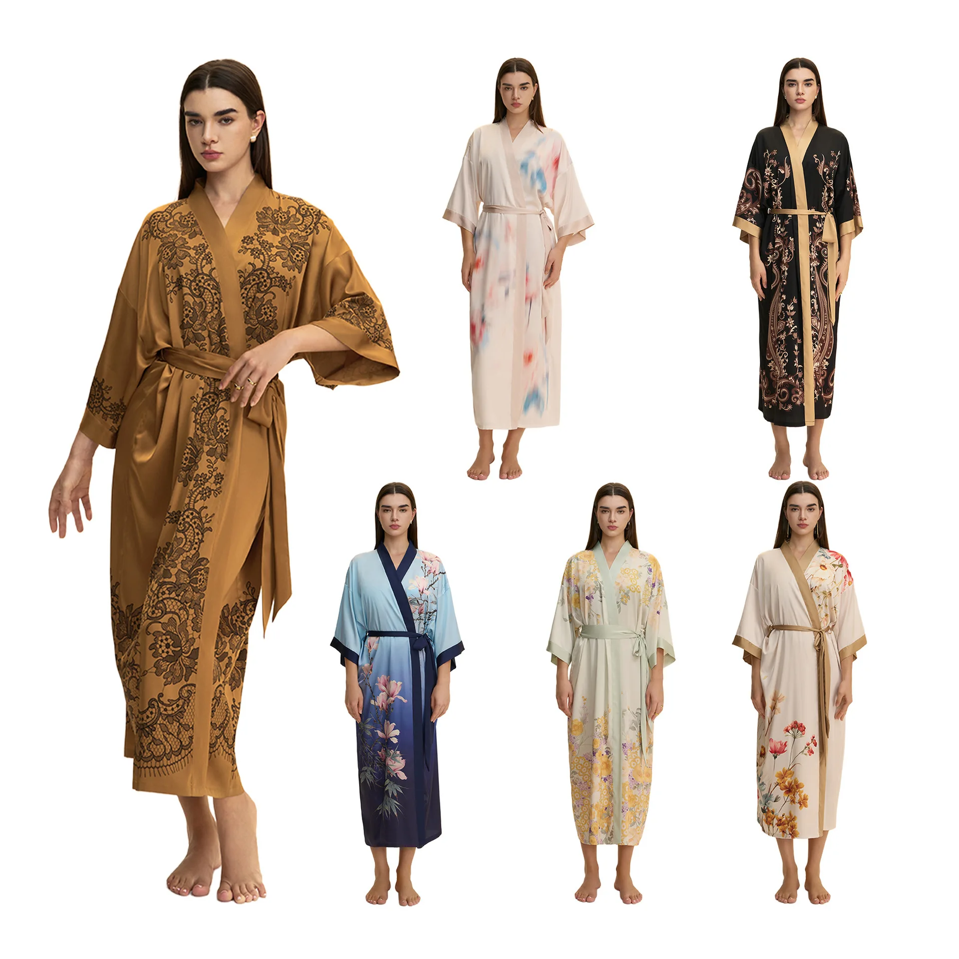 

Print Robe Dressing Gown Womens Bathrobe Lingerie Satin Sleepwear Nightgown Lounge Wear Spring Summer Kimono Sleepdress