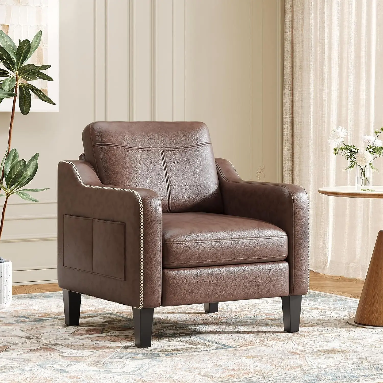 PU Leather Accent Chair, Mid-Century Modern Living Room Armchair Sofa with Removable Cushions, Solid Wood Frame & Stitched Armre
