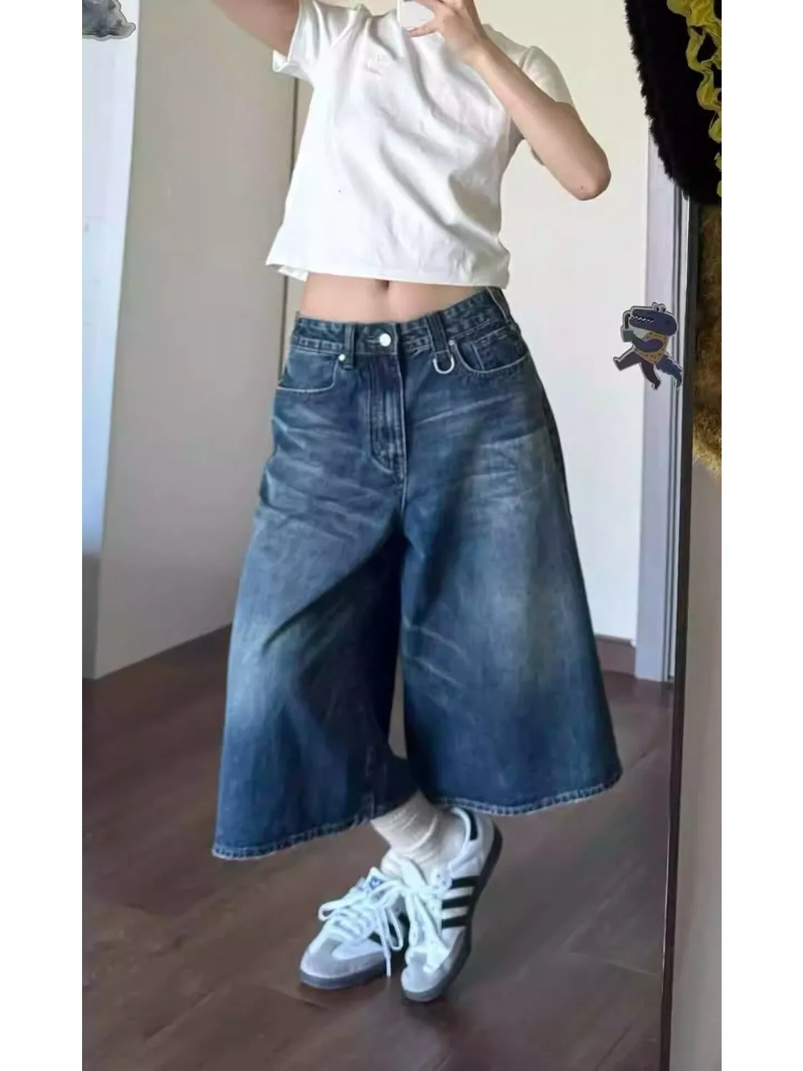 American Retro Wide Leg Denim Shorts Women Summer plus Size Loose Slimming Seven Eight Parts High Waist Jeans High Quality