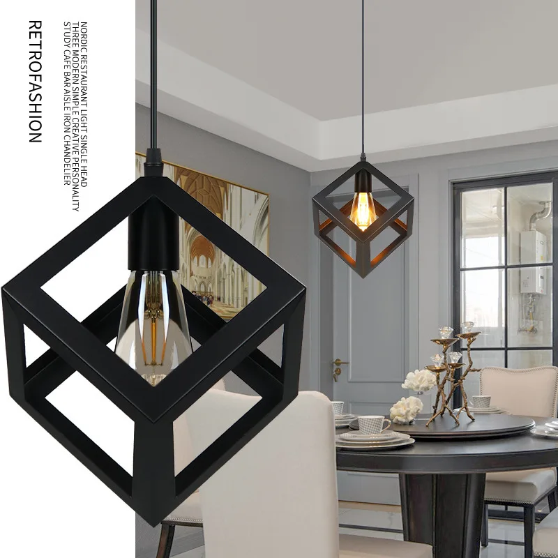 

Dining Room Retro E27 Pendant Lights Modern Home Decoration Bedroom Ceiling Lighting Fixtures Vintage Iron Square Hanging Lamps