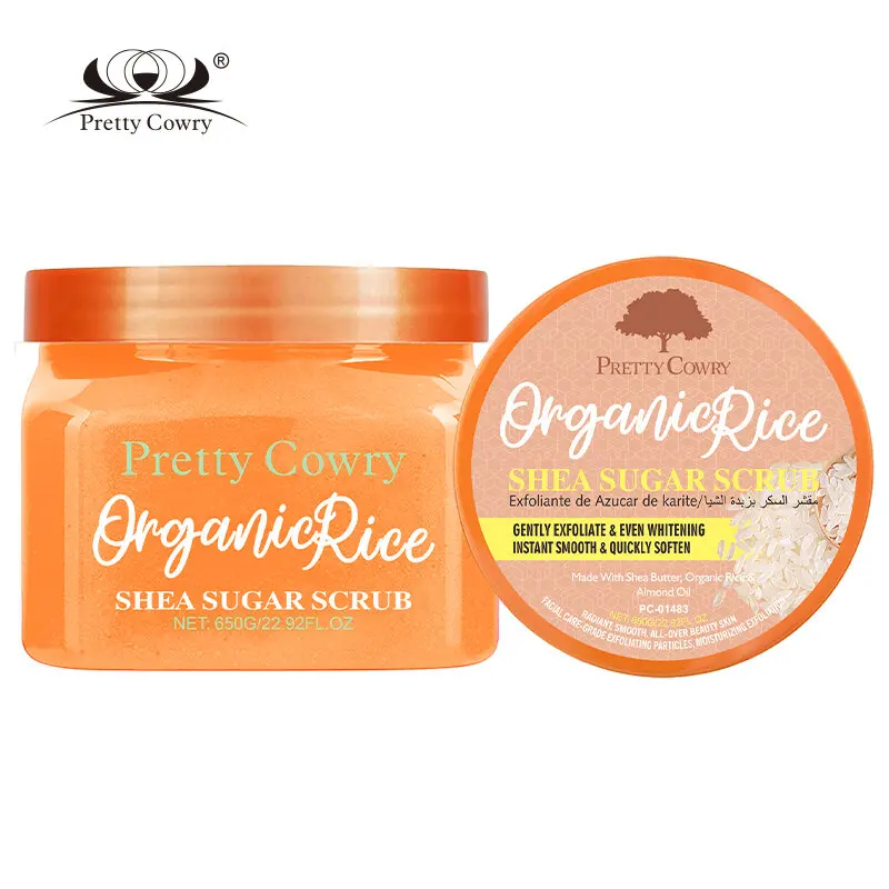 Esfoliante de açúcar de karité de arroz orgânico Pretty Cowry – Hidratante, esfoliante e iluminador da pele para pele lisa, macia e radiante