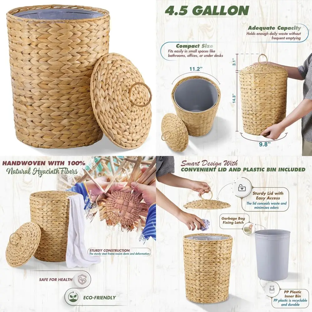 

Large Woven Rattan Trash Can with Lid and Removable Liner, Ideal for Bathroom and Office Use