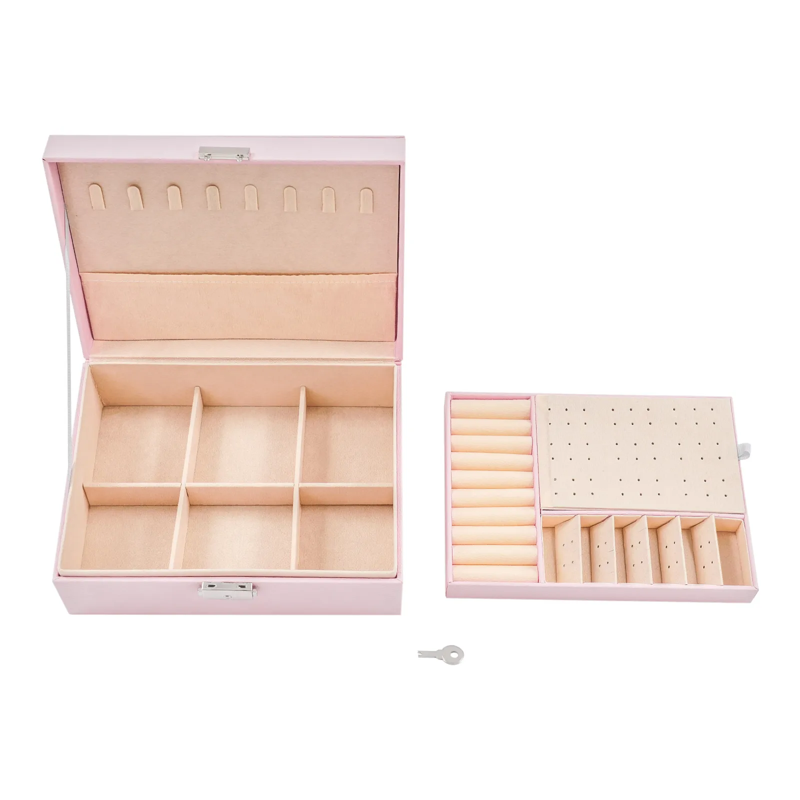2-lagige abschließbare Schmuckaufbewahrungsbox mit herausnehmbaren Trennwänden, Schreibtisch-Organizer für Ringe, Ohrringe, Armbänder, Halsketten, Broschen, für den täglichen Schmuckaufbewahrungszweck auf dem Schminktisch zu Hause. – Detail 37