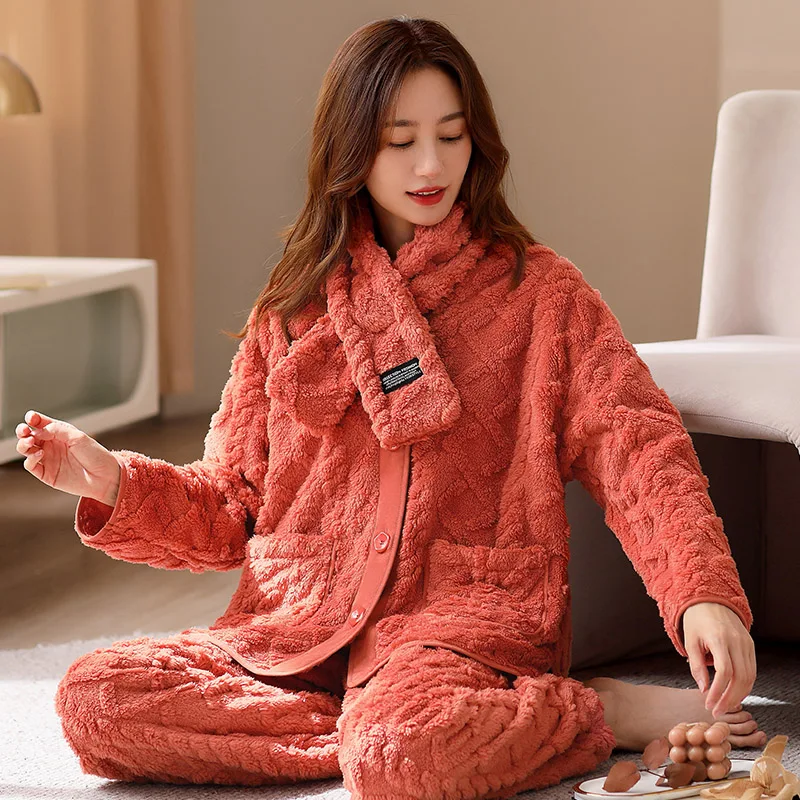 Women's Winter V-Neck Cardigan Pajamas Set Solid Sleepwear Coral Fleece Homewear Thick Warm Velvet Female Suit Fall Sweatshirt