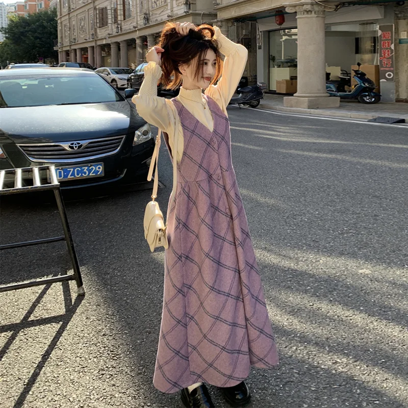 Foreign style retro purple plaid woolen vest skirt women's 2024 spring fashionable high-end plaid interior dress