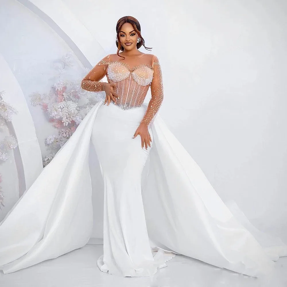 Customized See Through  Shinny Beads Wedding Dress Robes De Mariée  Long  Sleeve  Satin Mermaid Bridal Gown with Removable Skirt