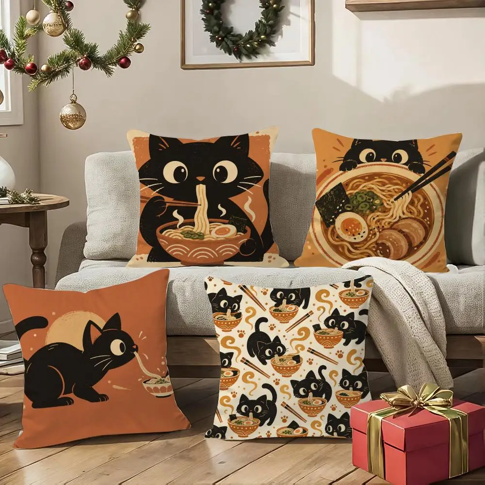 Japanese Ramen Cat Art Cushion Cover 1/4Pcs Soft Plush Throw Pillow Cover Double-Sided Print Sofa Living Room Decor