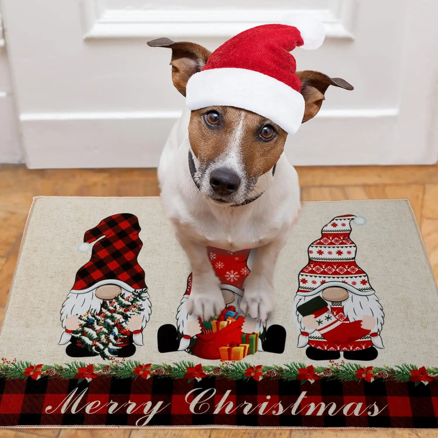 VIKAMA عيد ميلاد سعيد جنوم ترحيب ممسحة الأحمر الجاموس منقوشة الكلمة حصيرة عدم الانزلاق قابل للغسل منطقة البساط لمدخل المنزل الديكور #3