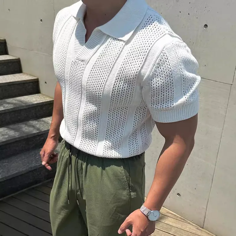 

Luxury Knitted Polo Shirt Short Sleeves Golf Shirts Hollow Out Men Polo Homem Tops Summer Design Knitwear Tees Slim T-shirt Chic