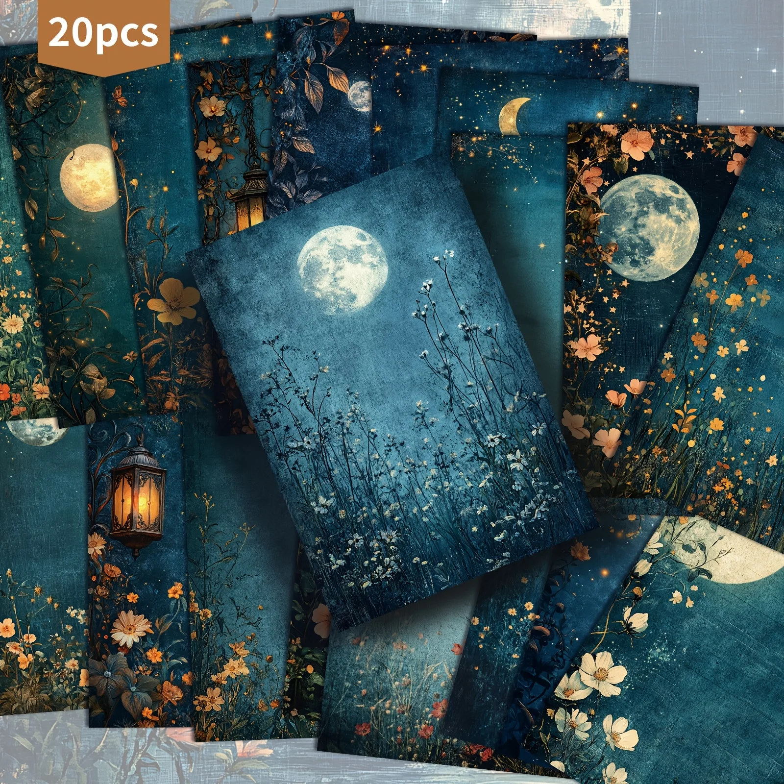 20pcs Vintage Blue Postcards, Themed with The Moon and Flowers At Night, Suitable for Scrapbooks and Handmade Crafts