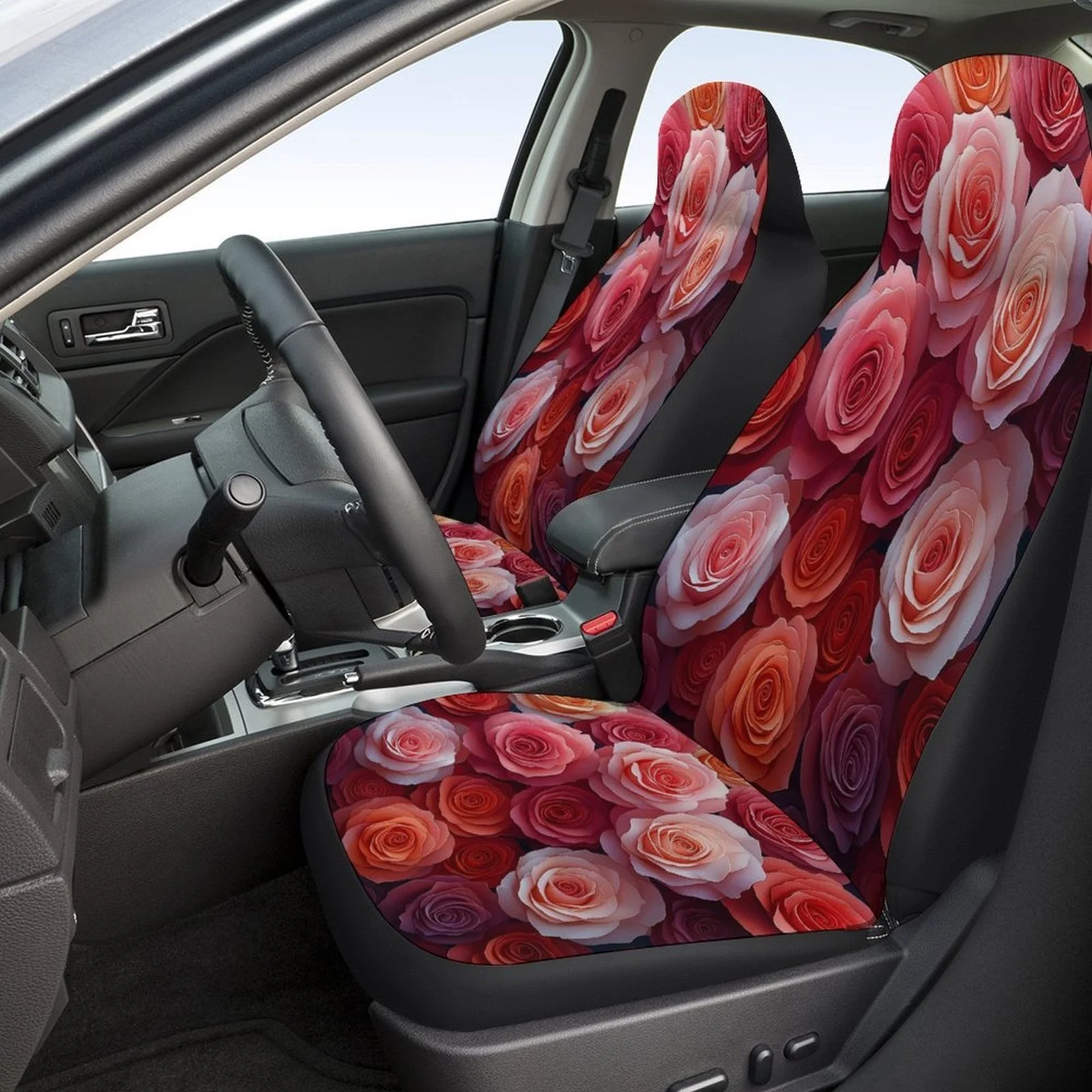 Set Of Car Seat Covers Featuring A Rose Garden Theme, Suitable For A Variety Of Vehicles. Stylish And Unique, This Complete Set
