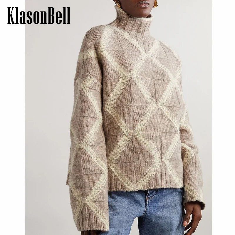 

7.23 KlasonBell Women's Fashion Turtleneck Cashmere Knit Sweater Contrast Color Argyle Plaid Jacquard Loose Pullover Jumpers