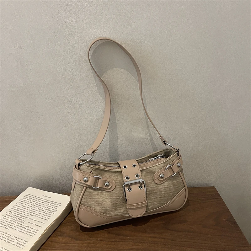 

New Arrival Vintage Denim Underarm Bag Women Metal Buckle Patchwork Baguette Handbag Y2K Streetwear Small Crossbody Purse