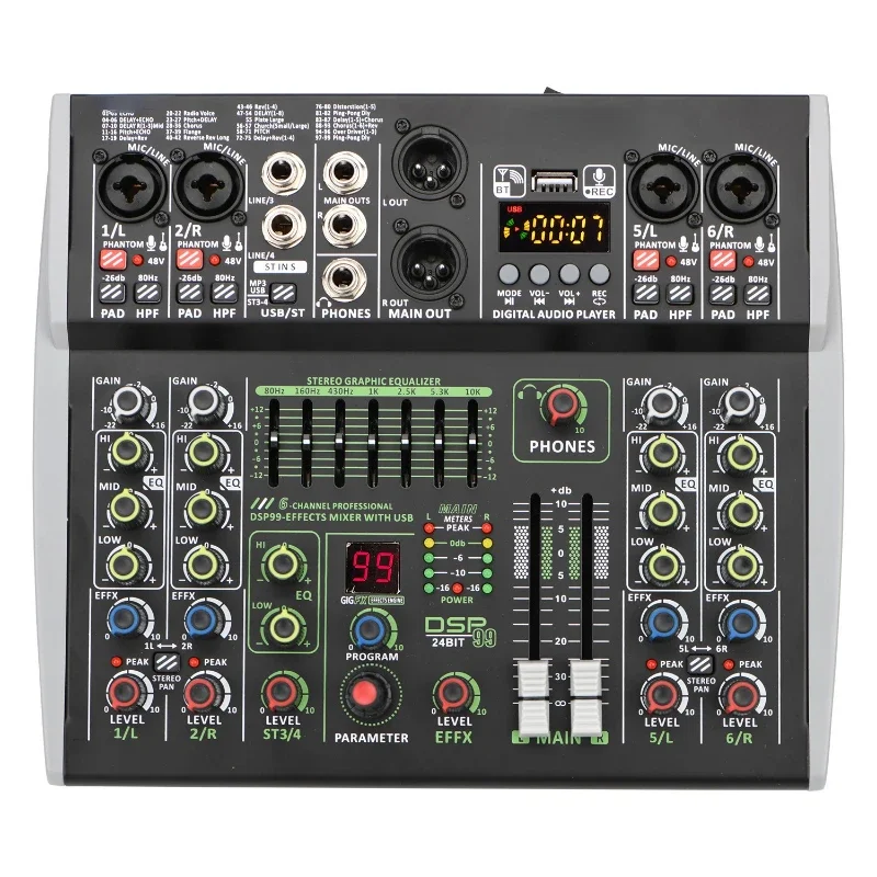 

High Quality Recording Podcast USB Mixer 6 Channel Stereo Audio Mixer With Individual 48V Phantom Power