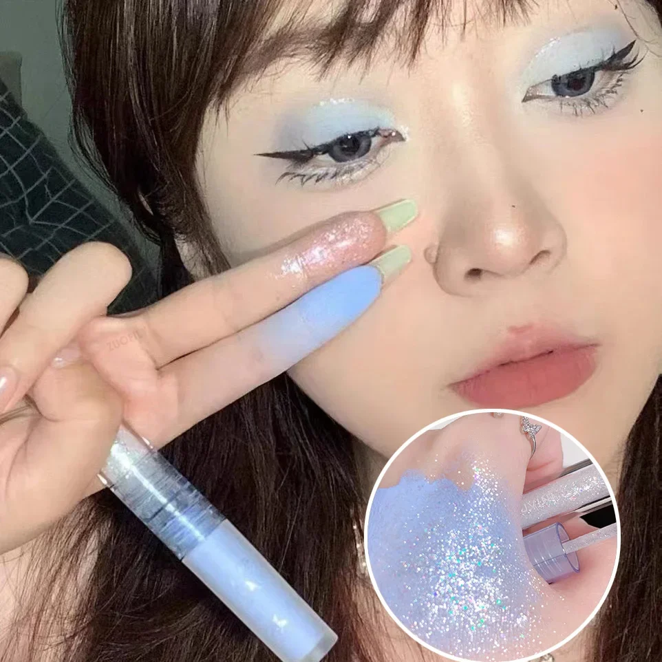 Sombra de ojos líquida 2 en 1, brillo de doble cabeza, brillo ligero, impermeable, mate, azul-verde, gusano de seda tumbado, maquillaje de ojos de verano