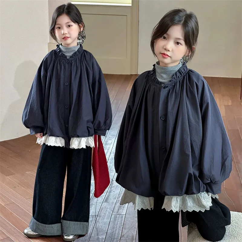 

Girls Spring Coat Children's Lace Jacket New Long-Sleeved Sweet Outerwear Kids Loose Casual Trench Autumn Warm Fashion Clothes